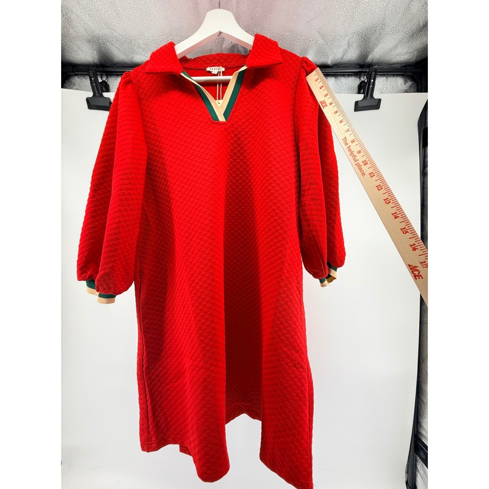 Jodifl Red Quilted Knit Mini Dress Puff Sleeve V-Neck Striped Trim Small
